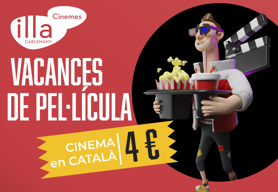 Vacances de pel·lícula. Ninot amb ulleres 3D i un pot de crispetes. Cinema en català a 4 €