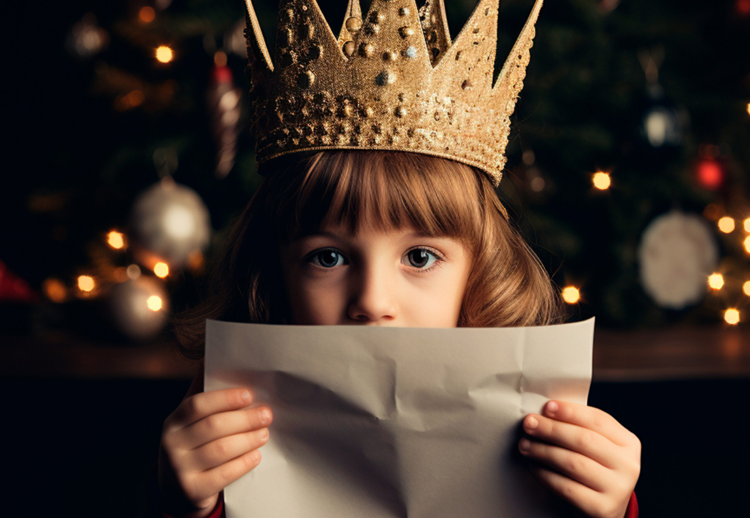 Nena amb corona de rei llegint carta, espera entregar-la al Carter Reial a Illa Carlemany